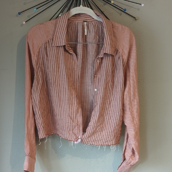Free People Striped Cropped Button Down Top Long Sleeve Size Small - Picture 1 of 9